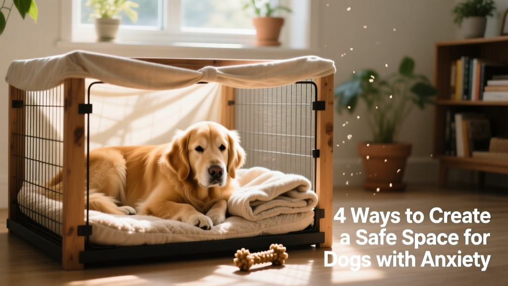A dog resting peacefully inside a covered crate with a soft mat, blanket, and chew toy nearby