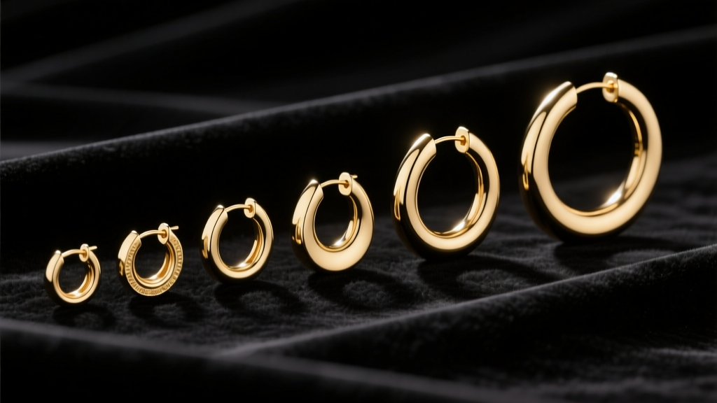 Flat-lay of 14k gold hoop earrings from 10mm huggies to 50mm hoops on dark velvet, lit by soft directional studio lighting
