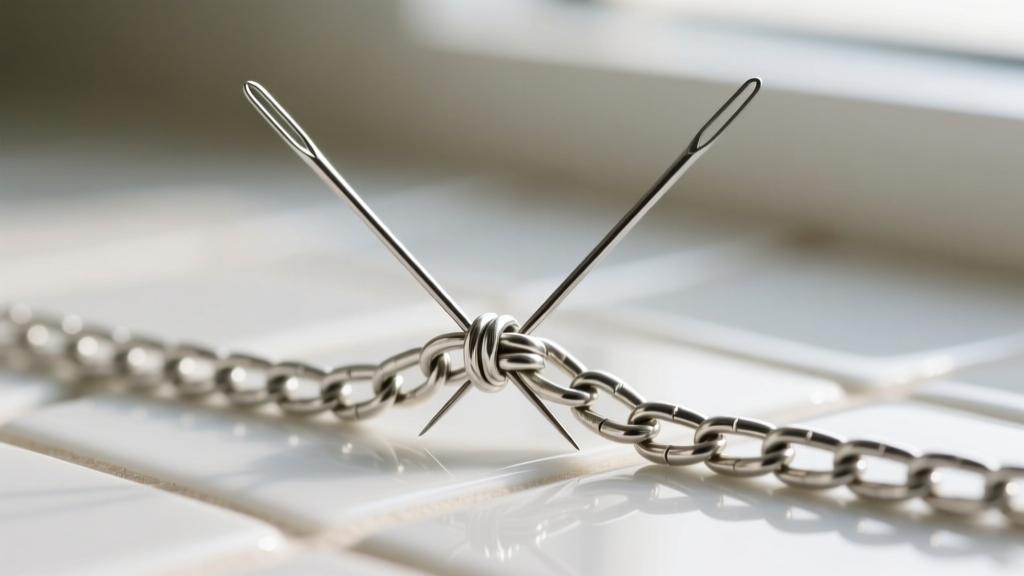 Close-up of two fine sewing needles gently prying apart a knotted sterling silver singapore chain on a white ceramic tile surface