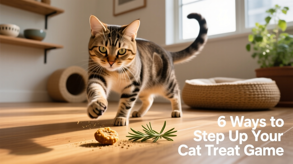 Cat batting a small, aromatic treat across the floor with one paw while looking intensely focused