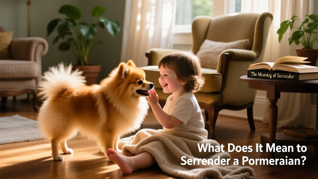 A happy Pomeranian playing gently with a child in a sunlit living room