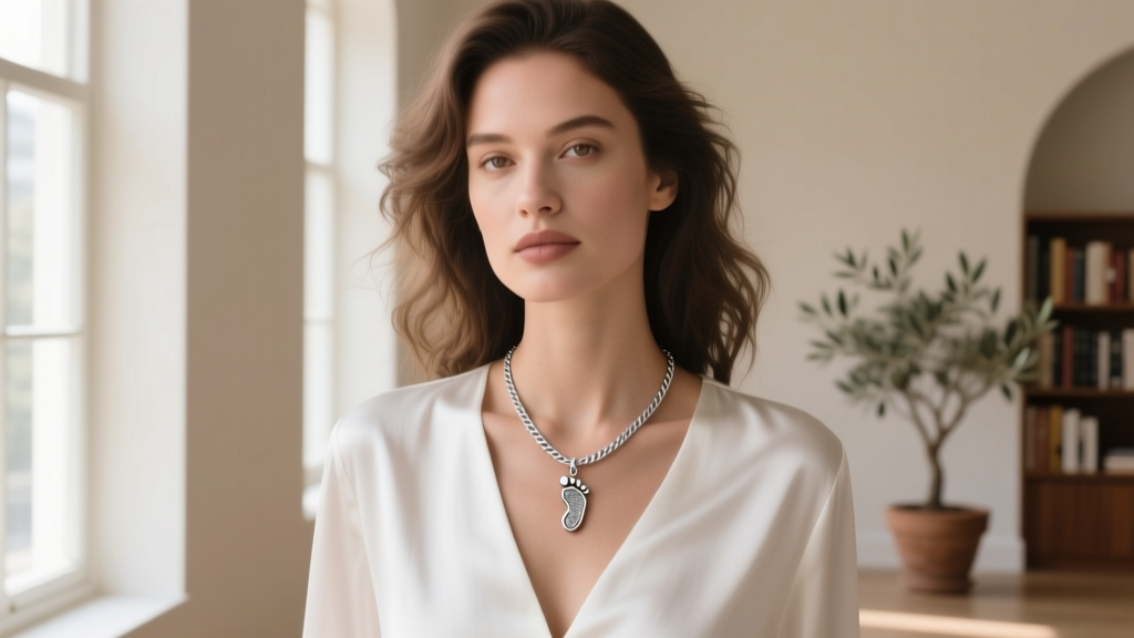 Woman wearing a 0.9mm sterling silver cable chain with a small footprint pendant on her collarbone in soft natural daylight