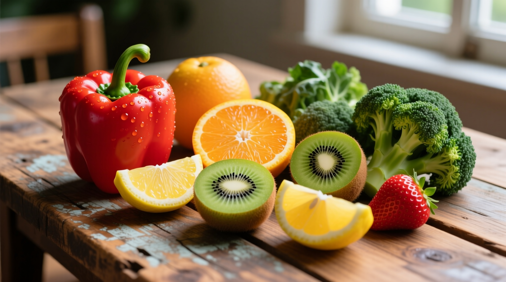 Colorful array of vitamin C rich foods on wooden table