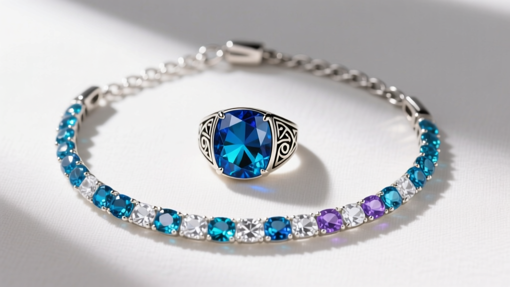 Overhead flat lay of layered topaz birthstone jewelry including a mystic topaz signet ring and Swiss blue topaz tennis bracelet.