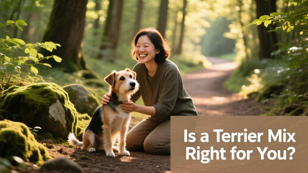 A smiling person kneeling beside their calm, attentive terrier mix on a forest trail