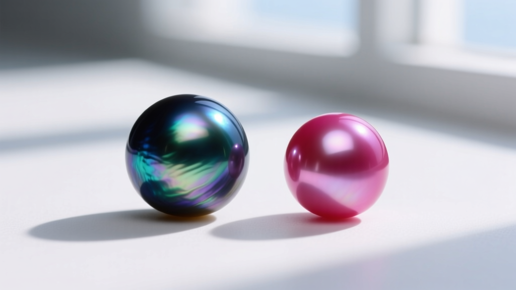 Macro shot of a natural Tahitian peacock pearl beside a dyed freshwater pearl, highlighting distinct nacre depth and luster.