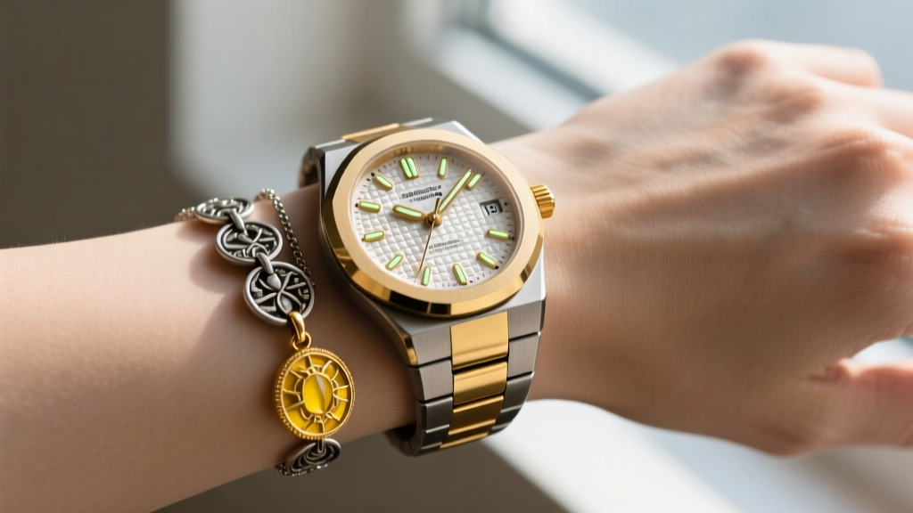 Detail shot of a two-tone gold and steel watch on a wrist, layered with an oxidized silver and 18k yellow gold pendant necklace.