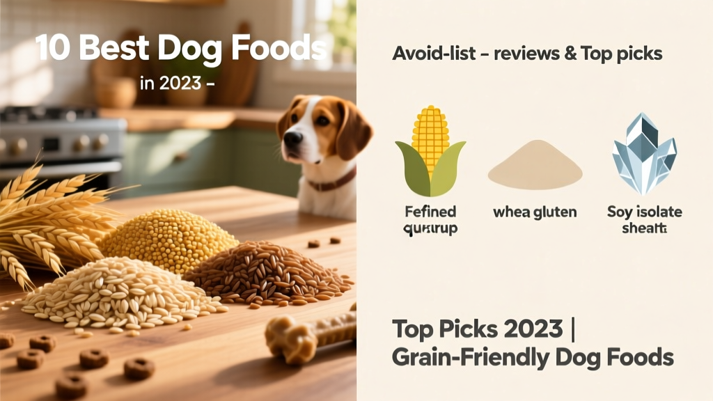 Infographic-style image showing healthy grain examples (oats, quinoa, brown rice) next to avoid-list items (refined corn syrup, wheat gluten, soy isolate)
