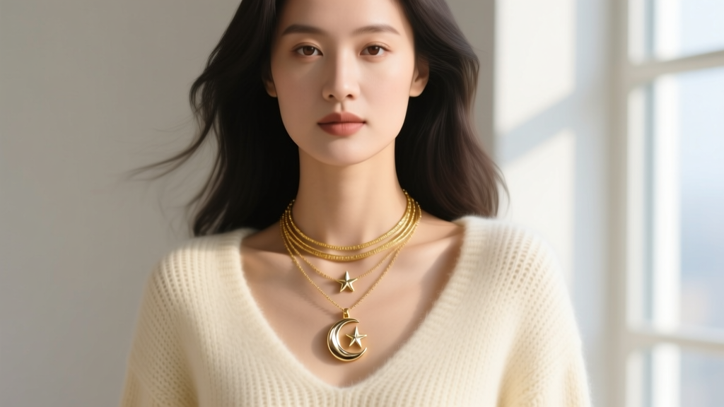 Woman wearing layered gold necklaces with a central moon and star pendant, captured against a soft cream knit sweater background