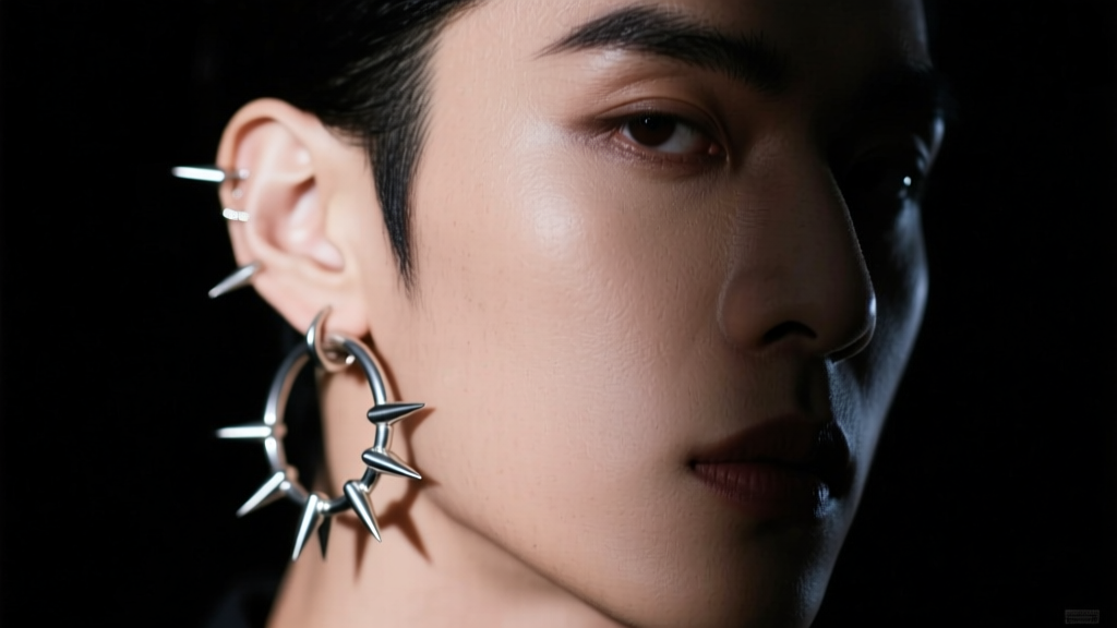 Editorial shot of an idol wearing oxidized silver ear chains and spike huggies, dark fantasy lighting, sharp focus on the ear