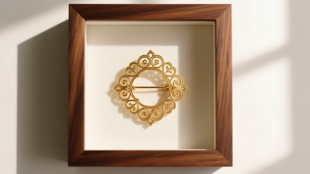Vintage gold filigree brooch secured inside a walnut shadowbox frame on acid-free cotton matboard under bright studio lighting.