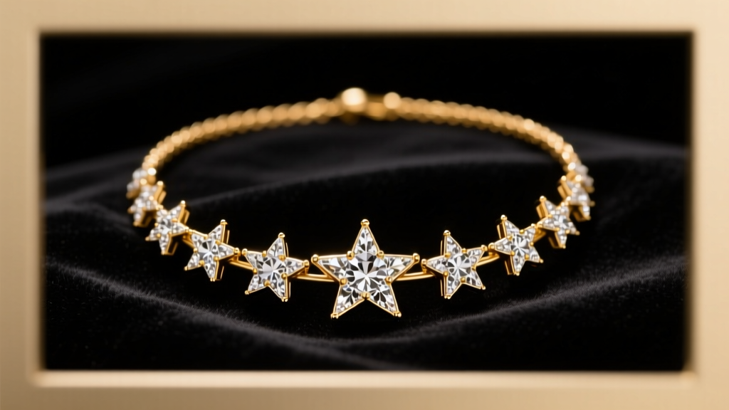 Gold-plated Jimmy Choo necklace with star-shaped Swarovski crystals resting on dark velvet under soft, warm studio lighting.