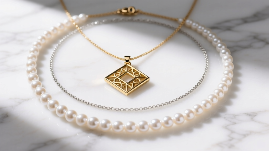 Flat lay of three layered necklaces starting with a 16 inch chain, an 18 inch pearl strand, and a 20 inch pendant on white marble