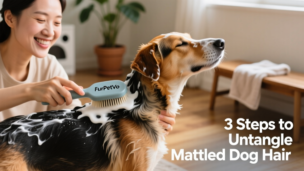 Dog owner smiling while massaging shampoo into their dog's back with a soft-bristled FurPetVo shampoo brush
