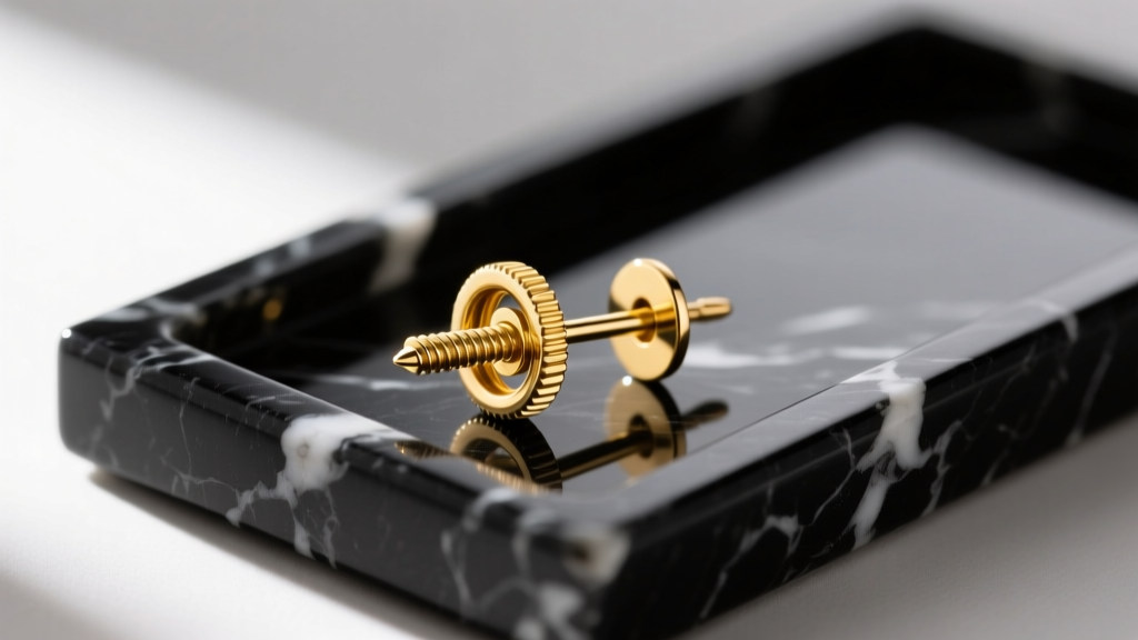 Macro shot of a 20-gauge 14k yellow gold earring post with a secure La Pousette screw-back clasp resting on a jeweler's loupe