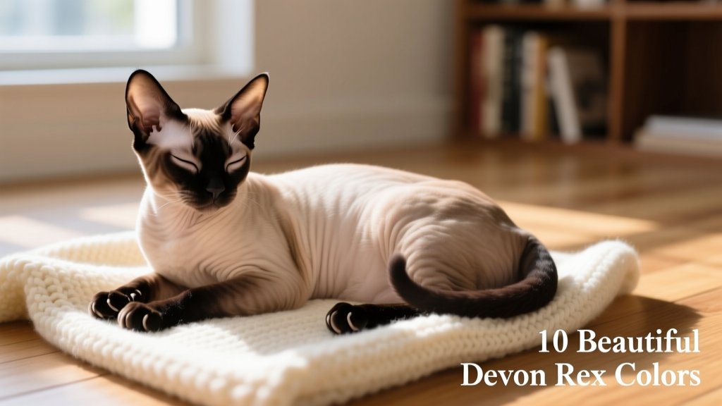 Seal-point Devon Rex lounging on a cozy blanket, highlighting dark points and pale fawn body color