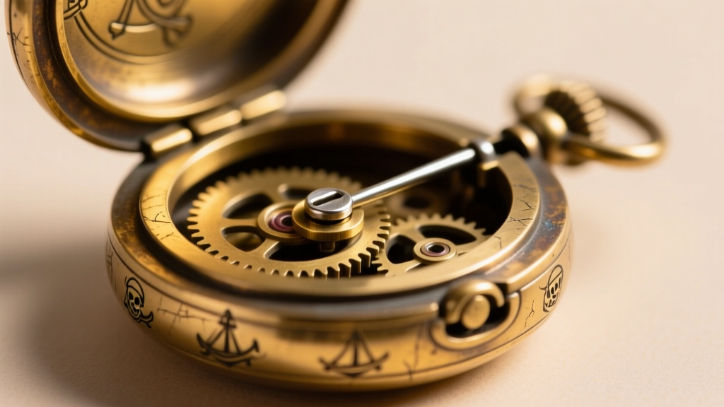 Close-up of a brass pirate locket with exposed hinge mechanics, showing a steel pin and intricate nautical etching on the casing