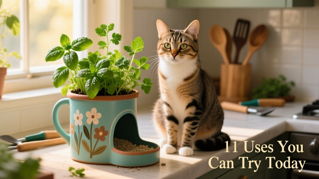 Cat sitting beside a painted litter jug used as a planter with thriving green herbs