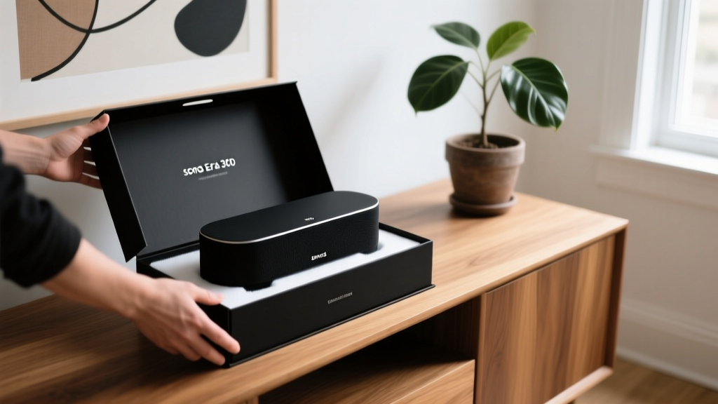 Hands carefully unboxing a matte black Sonos Era 300 speaker from premium packaging on a modern oak living room console