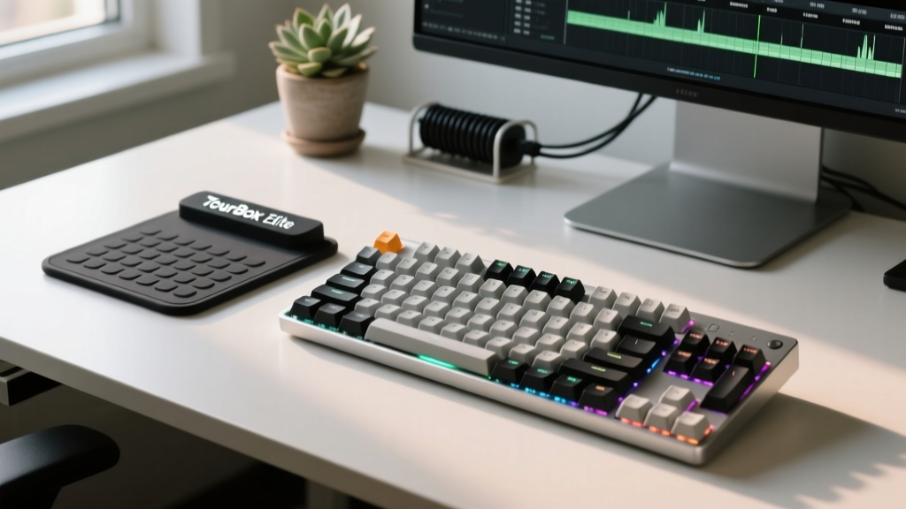 TourBox Elite macro pad and custom ortholinear mechanical keyboard on a desk used for DaVinci Resolve video timeline scrubbing