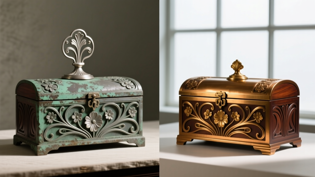 Side-by-side comparison of a tarnished spelter metal mount and a cleaned bronze mount on an early 20th-century Art Nouveau casket