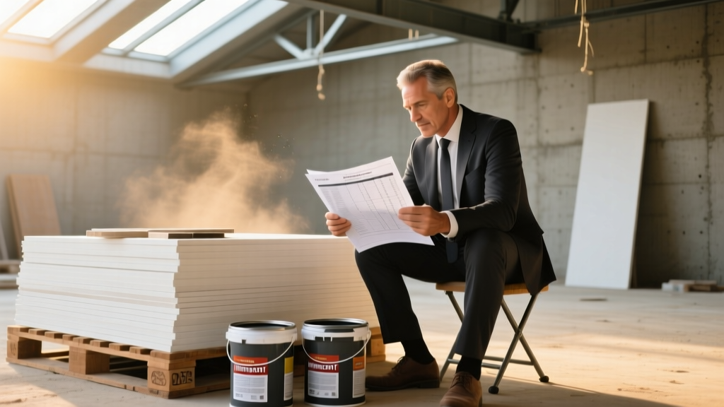 Architect reviewing material cost spreadsheets next to stacked Type X gypsum boards and intumescent paint buckets on a commercial job site