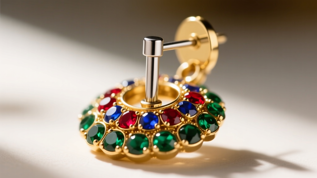 Macro shot of a hypoallergenic titanium earring post being attached to a traditional Indian gold-plated Kundan earring base