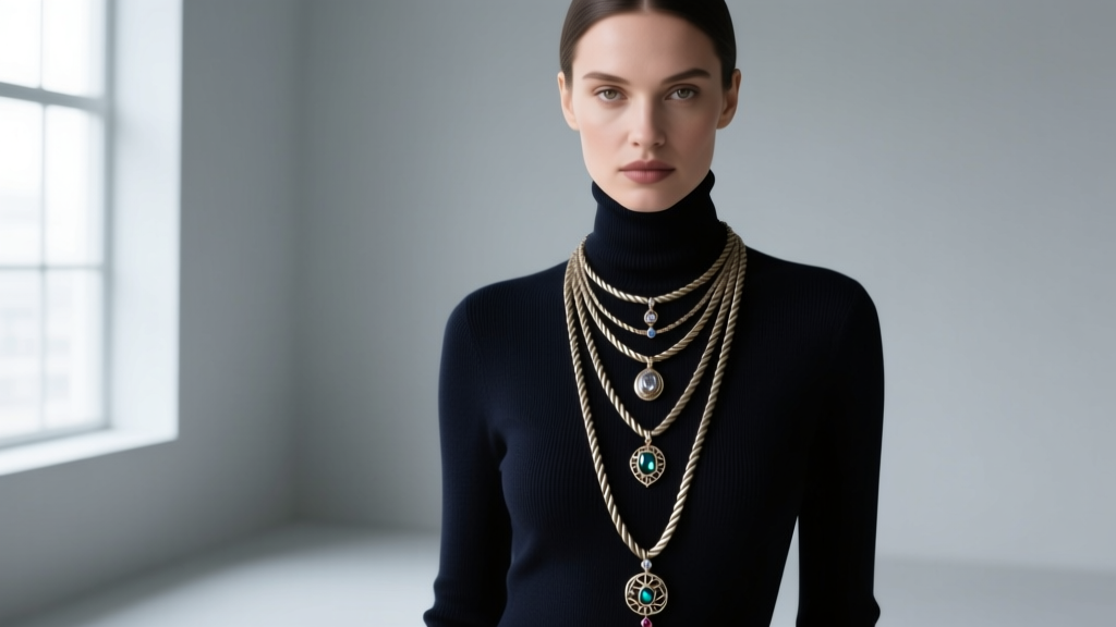 Woman wearing a layered 34-inch rope length long charm necklace over a dark turtleneck, showcasing the drape and pendant placement