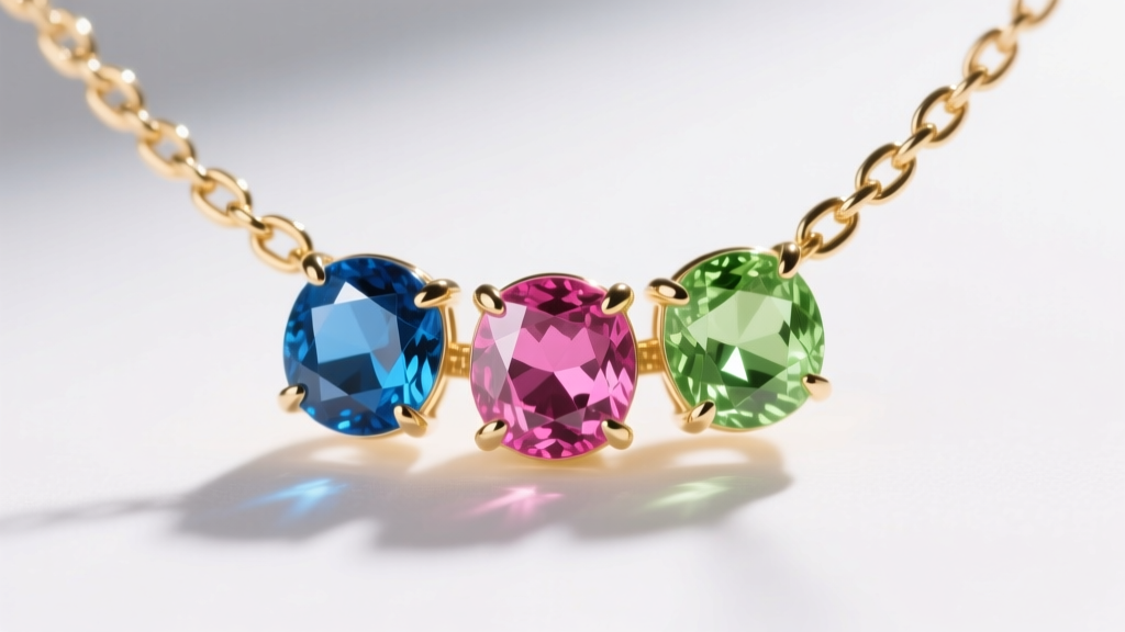 Macro shot of a 14k gold chain holding a pendant with three candy-colored lab sapphires in bezel settings under bright light.