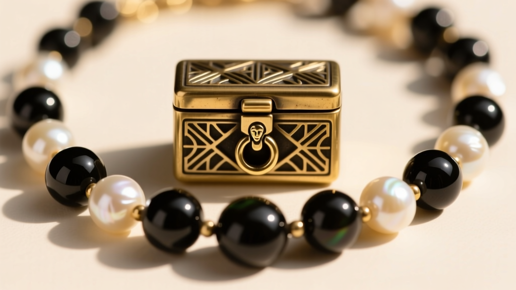 Macro photography of a vintage push-in box clasp with a figure-8 safety catch on a beaded art deco necklace, sharp focus.