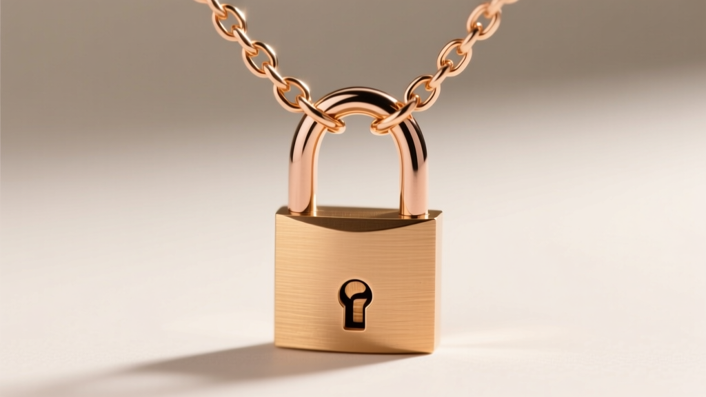 Macro shot of a delicate 14k rose gold chain threaded through the shackle of a padlock pendant, focusing on the spring ring clasp