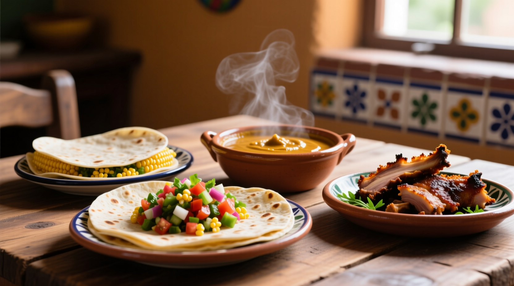 Authentic Mexican dishes: mole poblano, chiles rellenos, and fresh tortillas on a rustic wooden table
