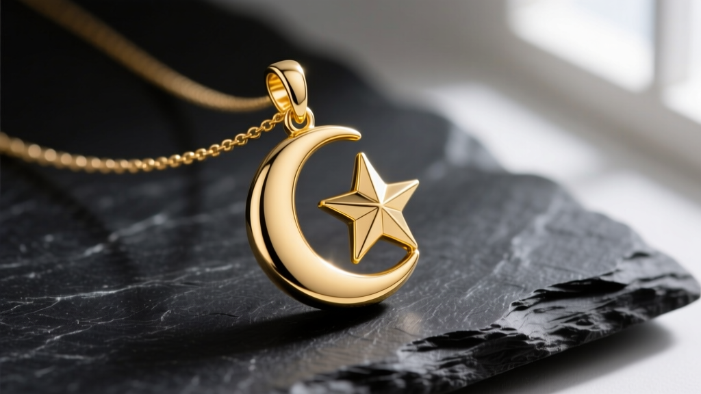 Macro shot of a 14k yellow gold crescent moon and star necklace on dark slate, showing sharp star points and smooth curves
