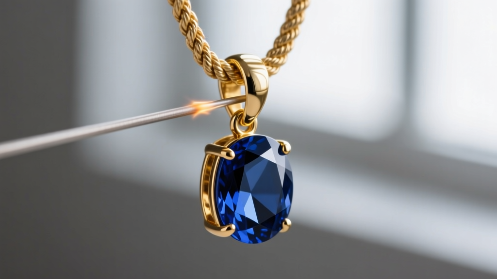 Extreme close-up of a soldered 18-gauge gold jump ring securely attaching a heavy sapphire pendant bail to a thick rope chain