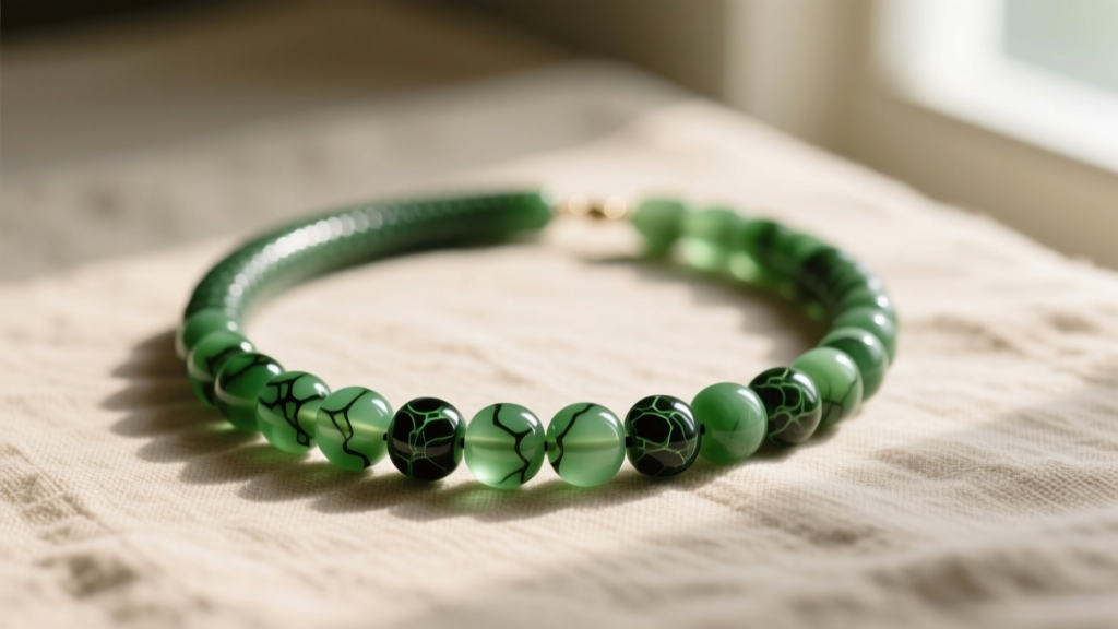 Green serpentine bead necklace with dark matrix inclusions resting on neutral linen fabric under soft, diffused natural lighting