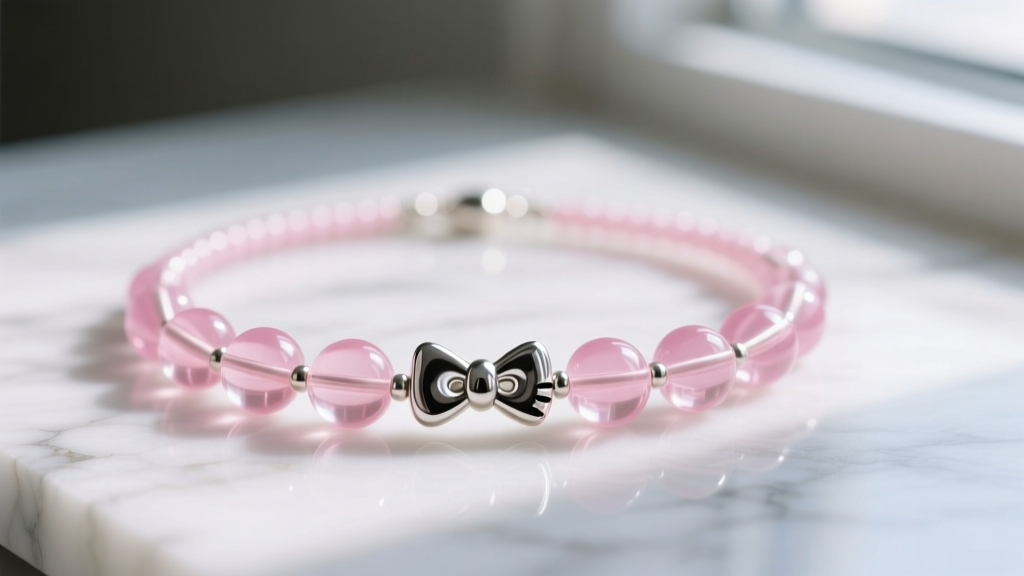 Macro shot of a Hello Kitty bead necklace with 6mm pink glass beads and a silver bow clasp resting on a clean white marble surface