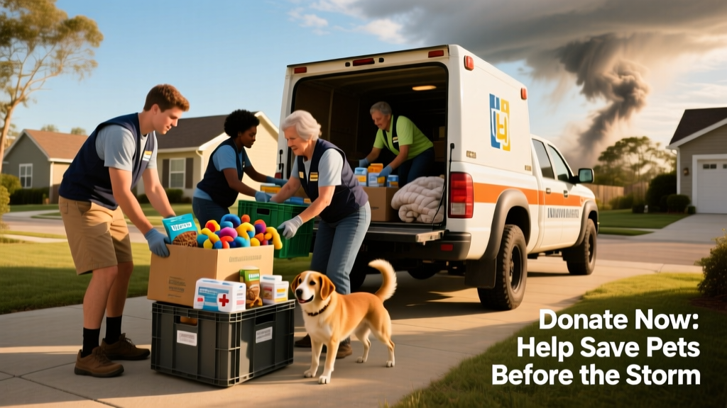 Volunteers loading crates of pet supplies into a rescue vehicle ahead of a hurricane