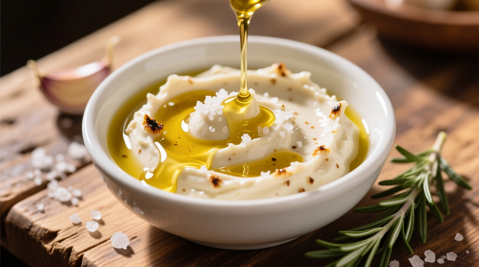 Creamy roasted garlic spread in white bowl with olive oil drizzle