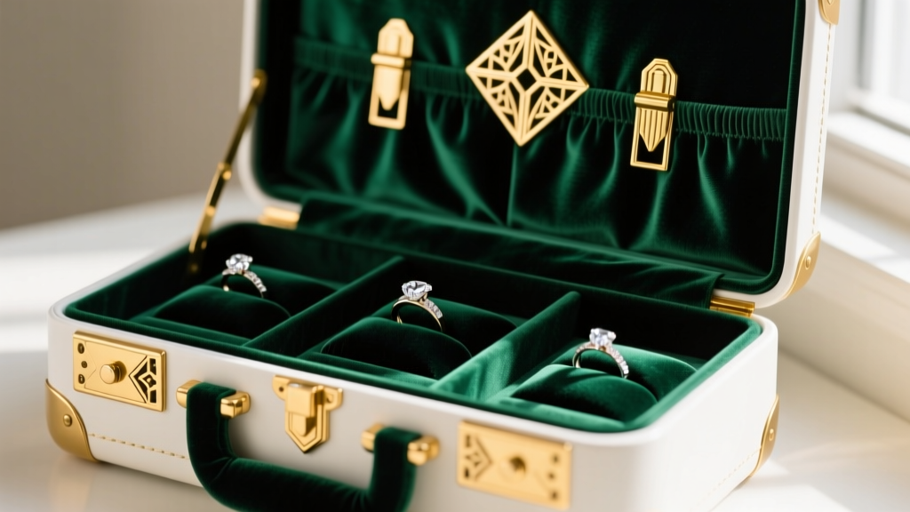 Close-up of an open art deco travel case with emerald velvet lining, gold geometric clasps, and dedicated slots for diamond rings.