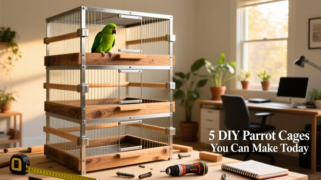 A spacious, multi-level DIY parrot cage made from powder-coated metal with wooden perches and stainless steel hardware