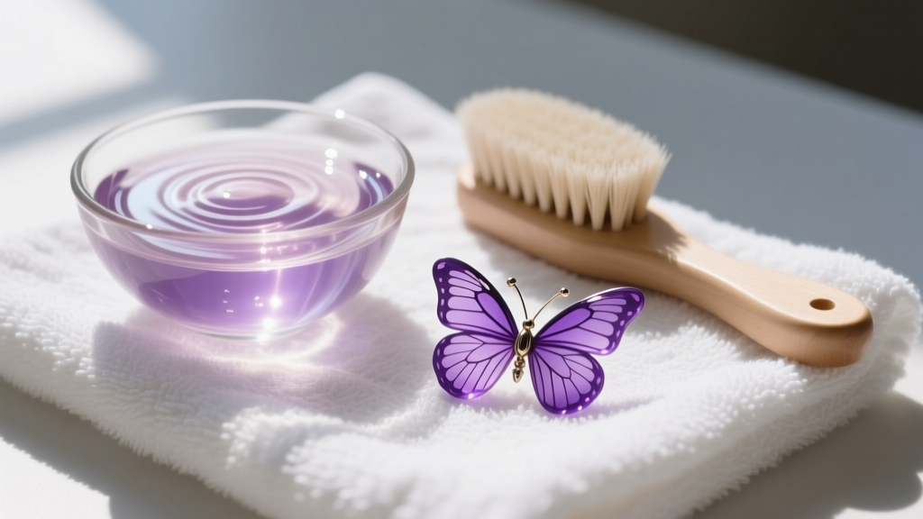 Glass bowl of warm soapy water and a soft brush next to purple resin butterfly drop earrings on a white cotton towel