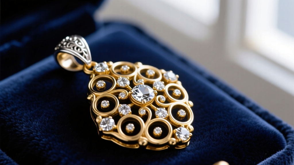 Macro shot of an antique Victorian silver-topped gold diamond pendant on dark navy velvet, highlighting intricate metal scrollwork