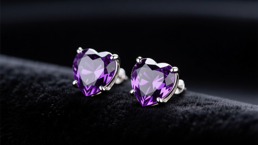 Sterling silver amethyst heart earrings on dark velvet, lit by soft studio lighting to highlight the deep purple facets and prongs.