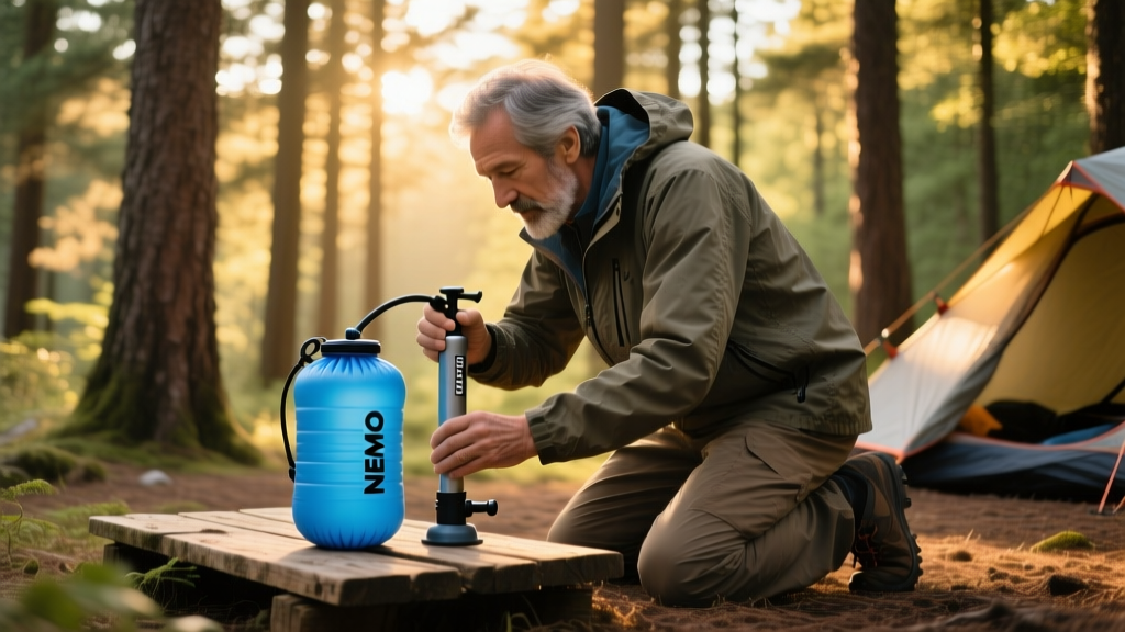 Hiker using a NEMO Helio foot pump to pressurize an 11-liter water reservoir while camping near a dense, sunlit pine forest.
