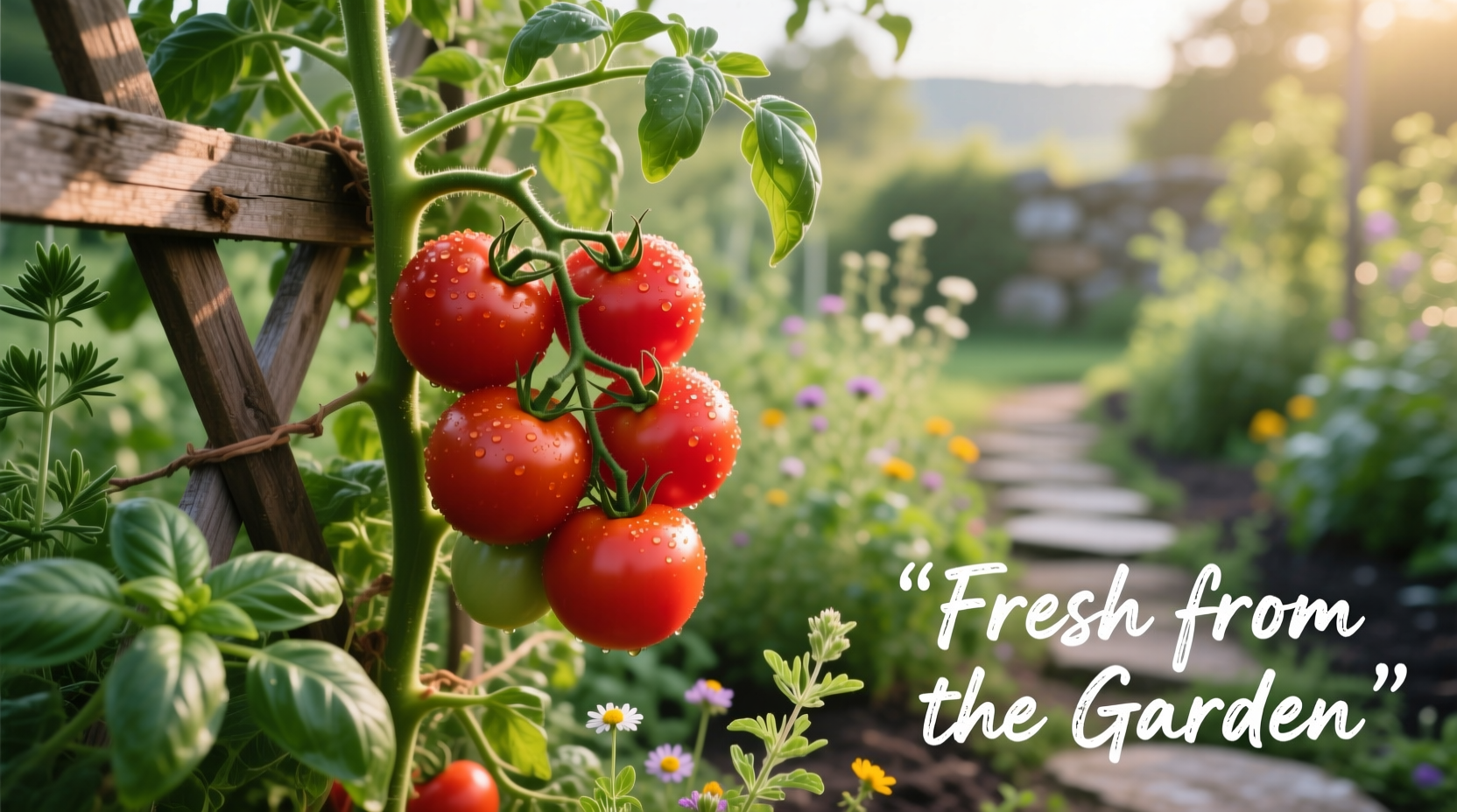 Ripe tomatoes on vine in garden setting