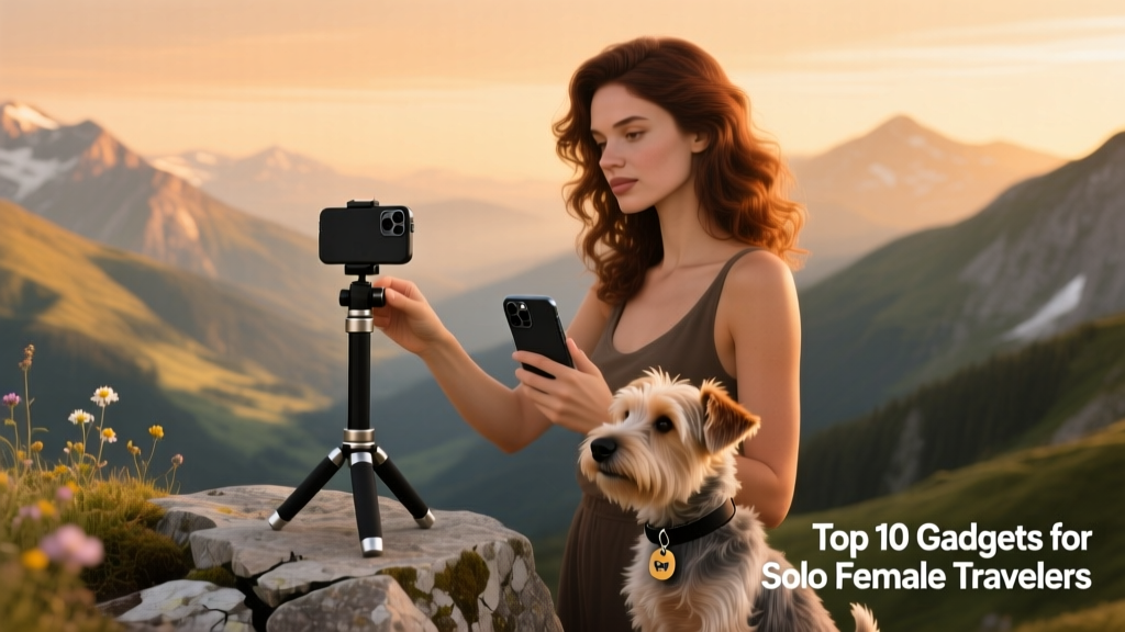 A woman setting up a compact phone tripod on a scenic overlook to take a photo.