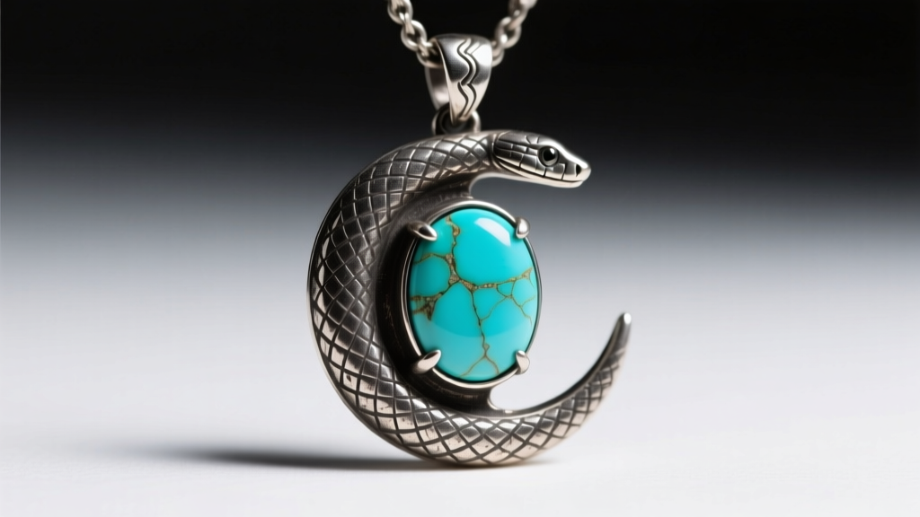 Macro close-up of a crescent Naja pendant with natural Sleeping Beauty turquoise set in heavily oxidized vintage sterling silver