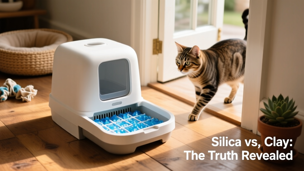 Modern self-cleaning litter box with blue silica crystals visible in the tray