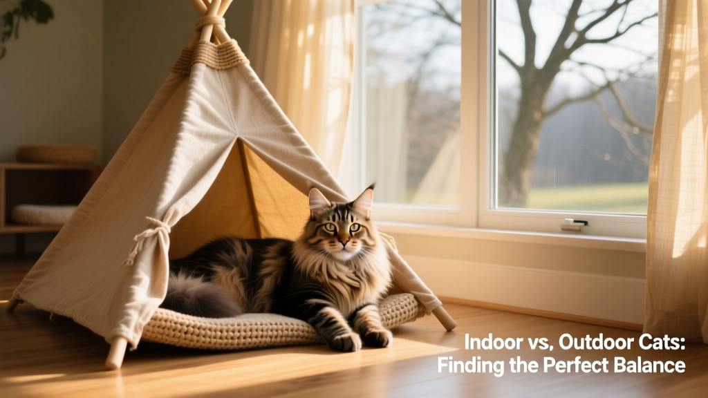 A Maine Coon cat lounging comfortably inside a cozy teepee-style cat tent beside a sunlit window