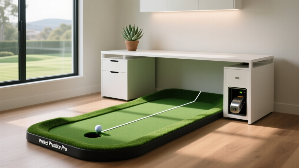 An illuminated golf putting green in a modern home office, featuring the Perfect Practice Pro mat with alignment strings and ball return.